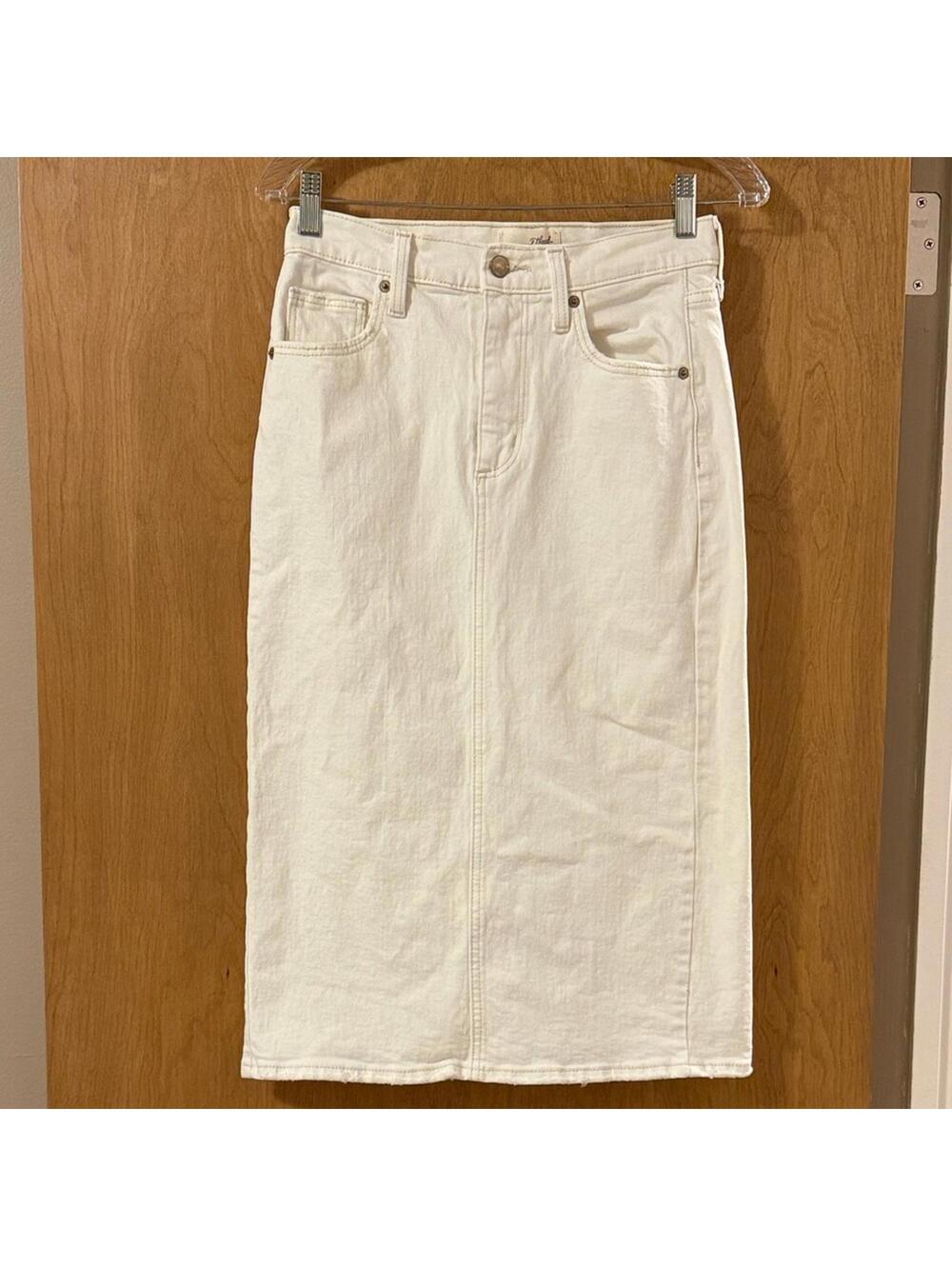 Universal Thread White Denim Midi Pencil Skirt Back Slit Raw Hem Size 2